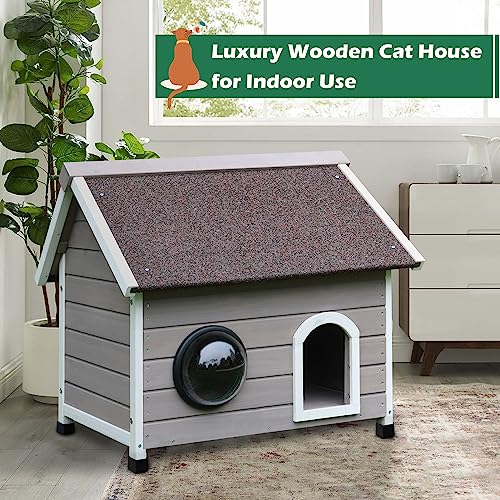  HiCaptain Weatherproof Outdoor Cat House, Wooden Feral Cat House For Outside, Unique Small Pet Shelter With Escape Door, Clear Window And Removable Attic-Grey