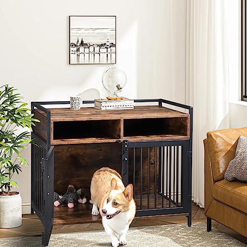  Karl Home Wooden Medium/Small Furniture Style Dog Crates With Storage And Anti-chew Features, Decorative Modern Double Doors Dog Kennel Indoor Use For Living Room, 38.6" L×23.6" W×31.5" H