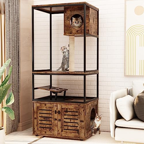  AWQM Large Cat Litter Box Enclosure,3 Level Cat Tree Tower With Elevated Cat Feeding Bowl,Scratching Posts,Hidden Cat Washroom,Kitty Condo,All-in-One Wood Pet Cat House/Cabinet Funiture,Rustic Brown