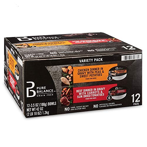  Pure Balance Food For Dogs Variety Pack, Chicken Dinner In Gravy With Peas & Sweet Potatoes And Beef Dinner In Gravy With Carrots & Sun Dried Tomatoes, 3.5 Oz, 12 Count