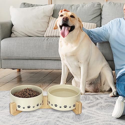  Ptlom Ceramic Pet Bowl For Dogs And Cats, Raised Dog Food And Water Bowl Set With Anti-Slip Wooden Stand, Weighted Pets Dish Feeding Bowls Suitable For Small, Medium, And Large Cat Dog, Beige, 28 Oz
