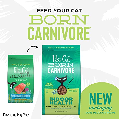  Tiki Cat Born Carnivore Indoor Health, Trout & Menhaden Fish Meal, Grain-Free Baked Kibble To Maximize Nutrients, Dry Cat Food, 6 Lbs. Bag