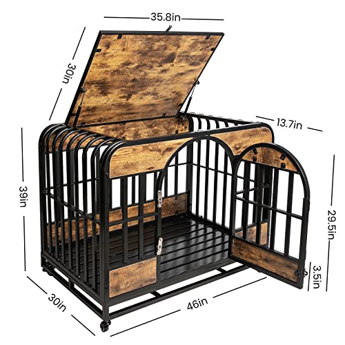  46 Inch Heavy Duty Dog Crate Furniture, Dog Crates For Large Dogs With Lockable Wheels, Metal Cage, Wood Kennel Crate Dog Playpen With Removable Tray