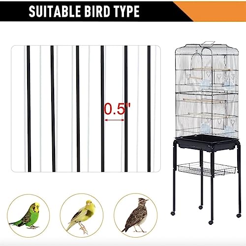  ACQUIRE 63" Metal Indoor Birdcage Starter Kit With Removable Rolling Stand, Storage Basket And Accessories Black Birdcage