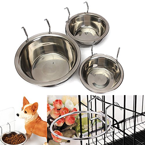  Yosoo Stainless Steel Hanging Pet Cage Bowl Diner Pet Bowl Bird Cat Dog Food Water Bowl With Hanger (Size L)