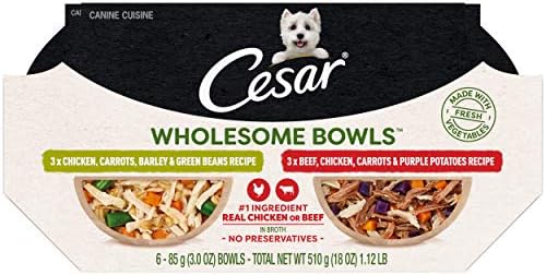  CESAR WHOLESOME BOWLS Adult Soft Wet Dog Food Toppers Variety Pack, Chicken, Carrots, Barley & Green Beans Recipe And Beef, Chicken, Purple Potatoes & Carrots Recipe, (6) 3 Oz. Bowls