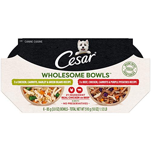  CESAR WHOLESOME BOWLS Adult Soft Wet Dog Food Toppers Variety Pack, Chicken, Carrots, Barley & Green Beans Recipe And Beef, Chicken, Purple Potatoes & Carrots Recipe, (6) 3 Oz. Bowls