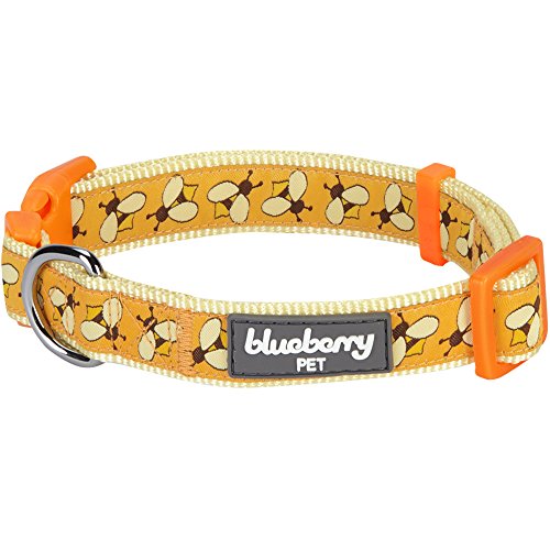  Blueberry Pet Essentials 10 Patterns Statement Busy Bees Designer Adjustable Dog Collar, Large, Neck 18"-26"