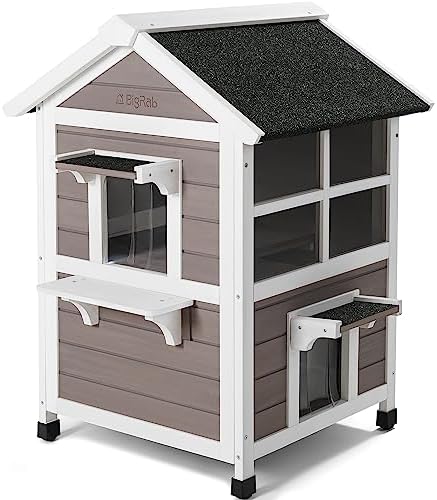  Bigrab Outdoor Large Cat House Weatherproof, Outside Feral Cat Shelter With Escape Door, Insulated Wooden Cat Condos With Window, (Two Storey Grey - For 2-3 Cats Or Small Animals)
