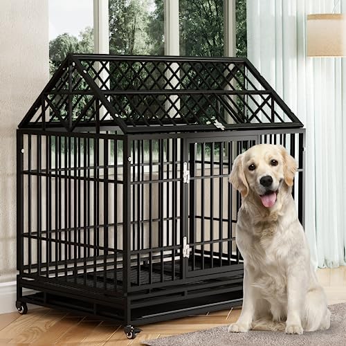  48 Inch Heavy Duty Dog Crate Dog Cage, High Anxiety Indestructible Dog Crate, Metal Kennels And Crates For Large Dogs, Open Top Door Stackable Pet Playpen Cage W/Floor Grid, XXL Dog Crate (Silver)