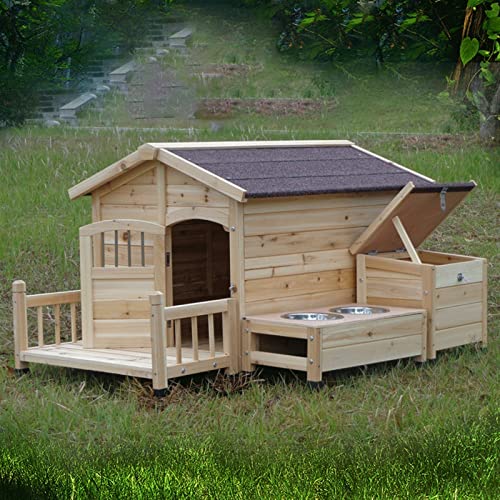  QXWJ Dog House,Wooden Outdoor With Porch Food Bowl Storeroom Pet Log Cabin Style Kennel,Weather Resistant Waterproof Home Pet Furniture,for Small Medium Large Animals