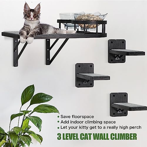  Cat Hammock Cat Wall Shelves With 3 Steps, Cat Scratching Post Cat Hammock And Perches With 2 Cat Food Bowls, Wood Cat Bed Furniture Wall Mounted, Cat Scratching Post Cat Wall Shelf