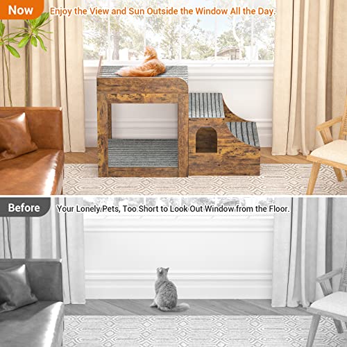  Cyclysio Pet Window Perch With Stairs, Super Large Pet Bunk Bed For Cats, Multi-Level Pet Seat Platform With Mats, Pet Bed Couch With Drawers For Bedside, Home, Indoor Use, Large Size, Rustic