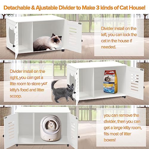  EasyCom Litter Box Enclosure, Hidden Cat Tree Tower Furniture For Indoor House, Modern Wooden All-in-one Cat Litter Cabinet With Scratching Post And Condo, White