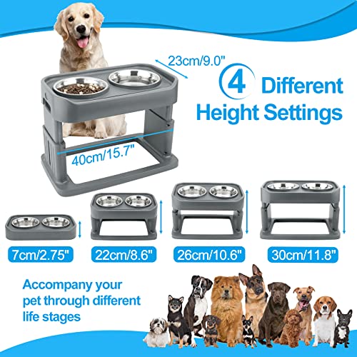  Hengu Elevated Dog Bowls With 2 Stainless Steel Dog Food Bowls, Raised Dog Bowl Stand Adjusts To 4 Heights For Small Medium And Large Dogs, Grey