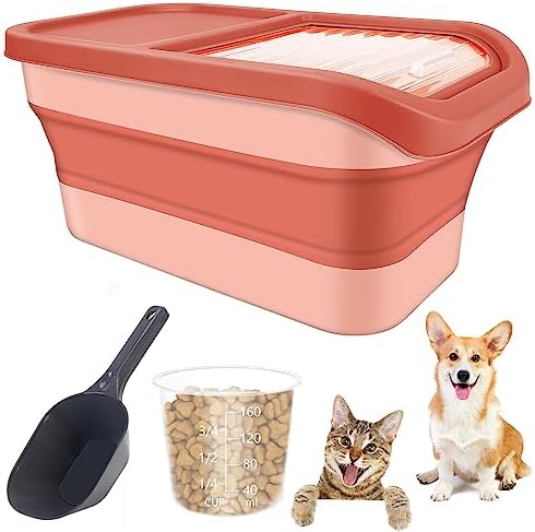  Collapsible 13LB Dog Food Storage Container With Transparent Sliding Lid,Pet Moisture-Proof Folding Rice Plastic Bin With Measuring Cup And Scoop Suitable For Storing Oat Millet Macaroni Corn（Khaki）