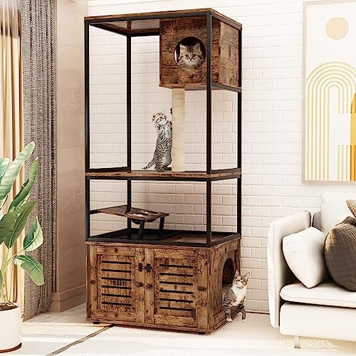  Cat Litter Box Enclosure With Shelves And Door, Hidden Cat Washroom Cabinet Furniture With Scratching Posts,Platform,Elevated Cat Feeding Bowl,All-in-One Wood Pet Crate Indoor Cat House Fumiture,Brown