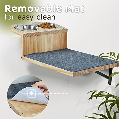  A.FATI Cat Wall Shelf, Wooden Cat Feeding Shelf With 2 Raised Bowls, 15° Tilted Feeding Position, Cat Shelves And Perches For Eating, Playing, Sleeping & Lounging