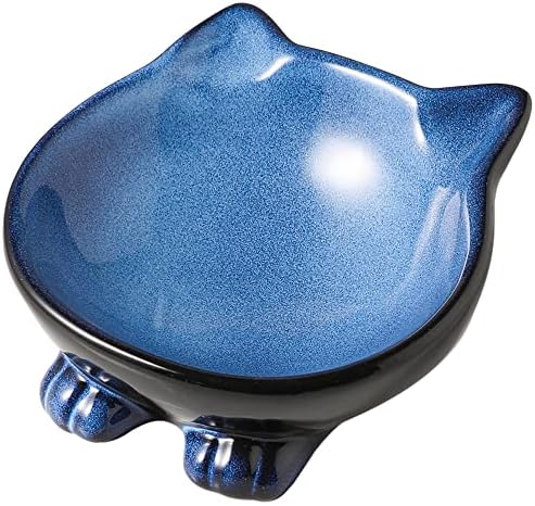  Nihow Ceramic Basic Cat Bowls: 6.25 Inch Cat Bowl For Food & Water - Food Grade Cat Dish For Large-Sized Cat/Medium-Sized Dog - Microwave & Dishwasher Safe -Elegant Blue & Black (8.5 OZ /1 PC)