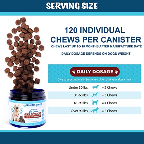  Texas Pet Company Flea Defender Flea And Tick Prevention For Dogs, Chewables For Large To Small Dogs, Natural Bacon Flavor Flea & Tick Control Treats For Dogs Soft Chew Supplement, Made In The USA.