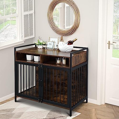 GENERIC 41 "Furniture Dog Cage, Metal Heavy Duty Super Sturdy Dog Cage, Dog Crate For Small/Medium Dogs, Double Door And Double Lock, With Storage And Anti-chew Features, Dog House, Rustic Brown
