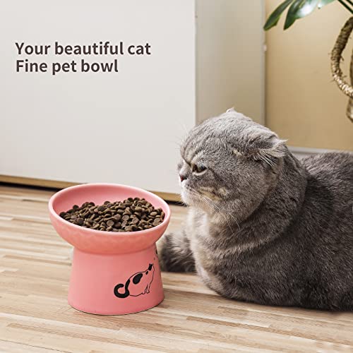  Tilted Ceramic Raised Cat Bowls, 8 OZ Food And Water Bowls Set For Kitty, 5 In Porcelain Elevated Stress Free Feeding Pet Dish, Dishwasher And Microwave Safe (White & Pink)