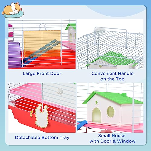  PawHut 18.5" Hamster Cage With Exercise Wheel And Water Bottle, Dish, Rat House And Habitat 2-Story Design, Red