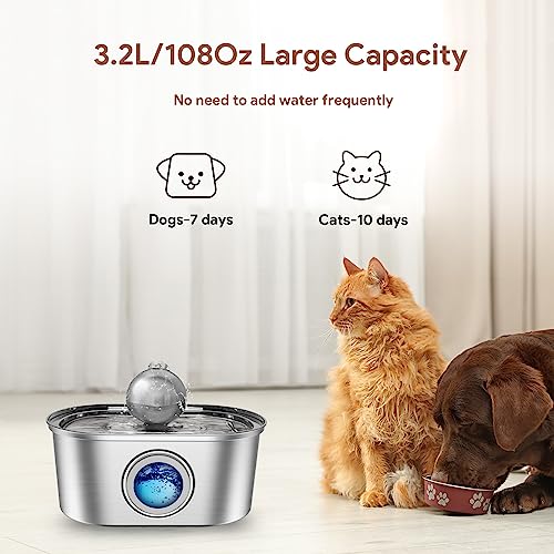 Nestsplus Cat Water Fountain,3.2L/108oz Stainless Steel Automatic Pet Water Fountain,Quiet Pump Dog Water Dispenser With LED Light,Dishwasher Safe,Water Level Window,3 Replacement Filters,for Cat/Dog