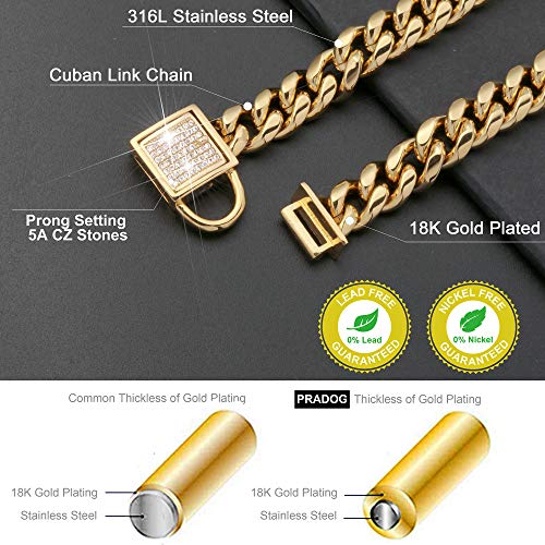  PRADOG Gold Chain Dog Collar With Zirconia Buckle Stainless Steel Chain Collars Cuban Link Dog Collar Designer Bling Puppy Necklace (10mm, 18")