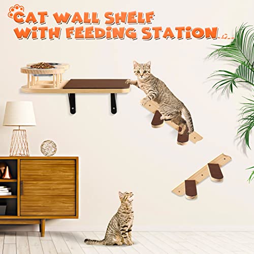  Cat Wall Shelves, Cat Feeding Shelf With Steps- Include Cat Food Shelf, 2 Cat Food Bowl And Cat Ladder, Wall Mounted Cat Feeder Shelf, Cat Furniture Wall For Indoor Playtime And Relaxation