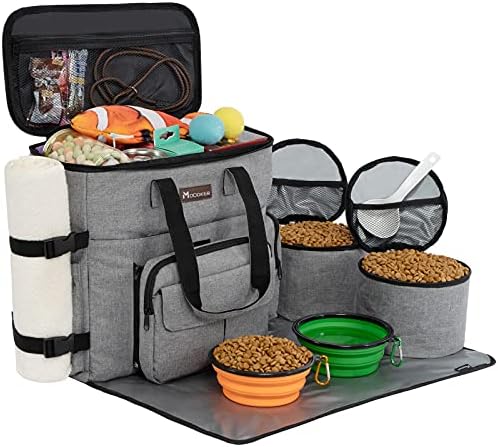  Airline Approved Dog Travel Bag With 2 Dog Treat Training Pouches, Dog Tote Organizer For Weekend Pet Travel Supplies & Accessories, 2 Collapsible Dog Bowls, 2 Travel Dog Food Container (Grey)
