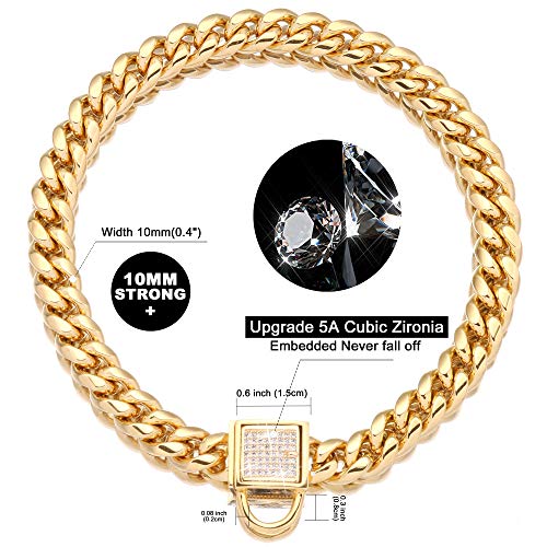  PRADOG Gold Chain Dog Collar With Zirconia Buckle Stainless Steel Chain Collars Cuban Link Dog Collar Designer Bling Puppy Necklace (10mm, 18")