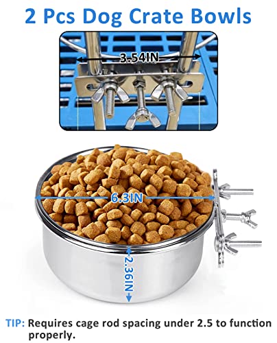  BNOSDM (6.3''x2.36'') 2 Pack Dog Crate Food Water Bowls Stainless Steel Dog Bowl Dish For Cages Non-Spill Hanging Metal Puppy Kennels Bowls For Puppy Medium-Sized Dogs Cats