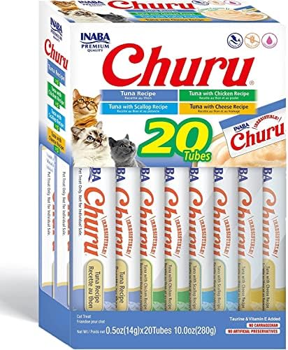  INABA Churu Cat Treats, Grain-Free, Lickable, Squeezable Creamy Purée Cat Treat/Topper With Vitamin E & Taurine, 0.5 Ounces Each Tube, 20 Tubes, Tuna & Seafood Variety Box