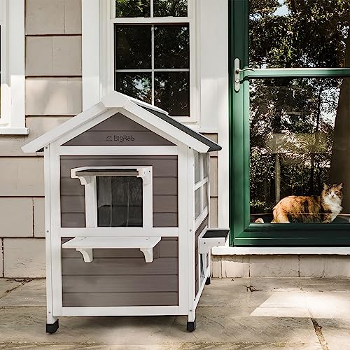  Bigrab Outdoor Large Cat House Weatherproof, Outside Feral Cat Shelter With Escape Door, Insulated Wooden Cat Condos With Window, (Two Storey Grey - For 2-3 Cats Or Small Animals)