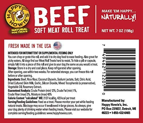  Happy Howie's Natural Dog Treats - Dog Meat Roll, Healthy Dog Treat & Training Tool, Easily Hide Pills, Made In The USA, Simple Ingredients, Soft Meat Roll - Variety (Beef, Turkey, Lamb), 7 Oz Each