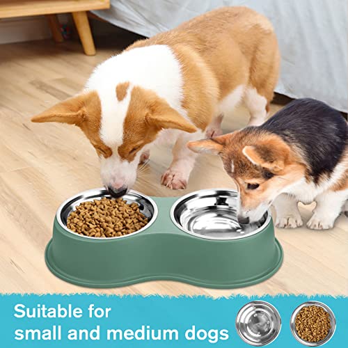  Dog Bowls Double Dog Water And Food Bowls Stainless Steel Bowls With Non-Slip Resin Station, Pet Feeder Bowls For Puppy Medium Dogs Cats (Green)