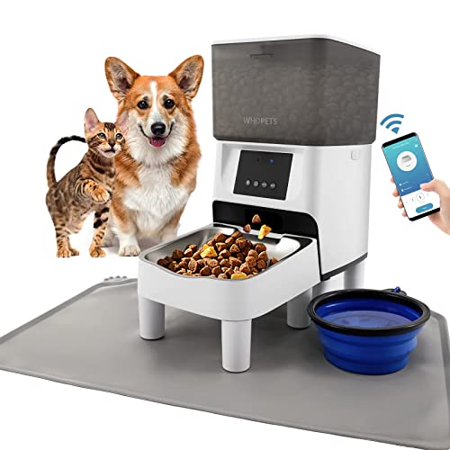 Automatic Cat Feeder, WHDPETS WiFi Enabled Smart Pet Feeder For Cats & Dogs, Auto Cat Food Dispenser With Stainless Steel Bowl, Silicone Dog Bowl, Feeding Mat, APP Control, 10s Voice Recorder