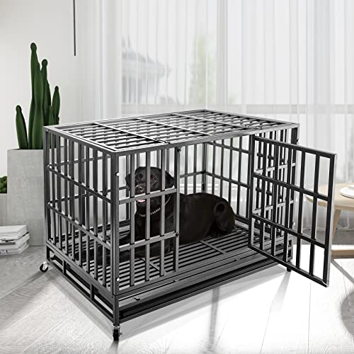  Confote 47 Inch Heavy Duty Dog Crate Metal Cage Kennel, High Anxiety Pet Cage With Lockable Wheels & Double Doors For Medium Large Dogs
