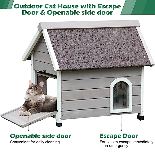  HiCaptain Weatherproof Outdoor Cat House, Wooden Feral Cat House For Outside, Unique Small Pet Shelter With Escape Door, Clear Window And Removable Attic-Grey