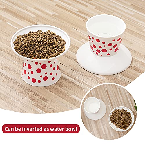  Extra Wide Ceramic Raised Cat Bowls, 6.25 Inch Elevated Food Dish, Shallow Cat Water Bowl Feeding, Prevent Whisker Fatigue Pet Bowl Of Cats, Elder Cats, Dogs, Set Of 2 - White With Red Dots
