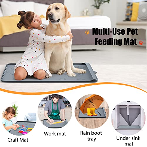  Dog Food Mat - Dog Feeding Mats For Food And Water - 36" X 24" Extra Large Cat Dog Bowl Mat With Pocket For Catches Spill And Residue - Silicone Non Slip Pet Mat With 0.75" High Edges Anti-bite