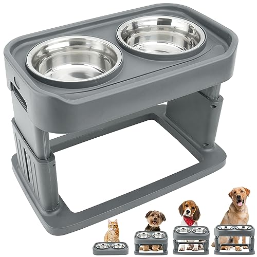  Hengu Elevated Dog Bowls With 2 Stainless Steel Dog Food Bowls, Raised Dog Bowl Stand Adjusts To 4 Heights For Small Medium And Large Dogs, Grey