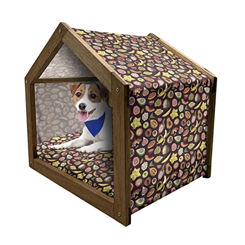  Lunarable Tropical Wooden Pet House, Juicy Veggie Food Pattern On Dark Background Exotic Arrangement Cartoon, Outdoor & Indoor Portable Dog Kennel With Pillow And Cover, Large, Multicolor