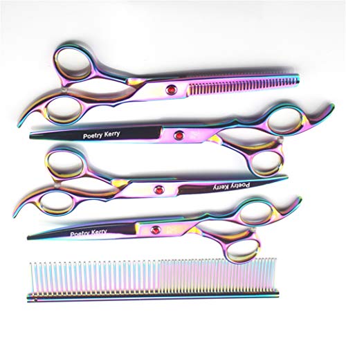  Professional 7.0 Inch High-End Pet Cat Dog Grooming Scissors Colorful Set 4 Pieces 6CR Steel Pet Trimmer Kit - Straight Cutting Scissors, Thinning Shears, Curved Scissors, Combs