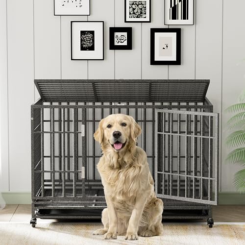  Tuanlove 48" Dog Crate Heavy Duty Indestructible Dog Crate, High Anxiety Dog Crate With Lockable Wheels Double Doors & Locks Design, Removable Tray Design, Upgraded (Silver)