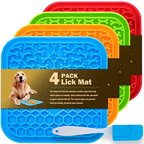  4 Pack Lick Mat For Dogs, Dog Slow Feeder Dowl Mat For Bathing Grooming Nailing Trimming, Food-Grade, Non-Toxic, Licking Pad For Dogs And Cats, Puzzle Feeding Mat For Pets