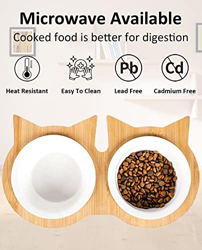  BNOSDM Elevated Ceramic Cat Bowls For Foods Water Raised Kitty Dishes Wooden Stand Tilted Set Weighted Pet Food Dish Orthopedic Anti Vomiting Pet Feeder For Small Cats Puppy