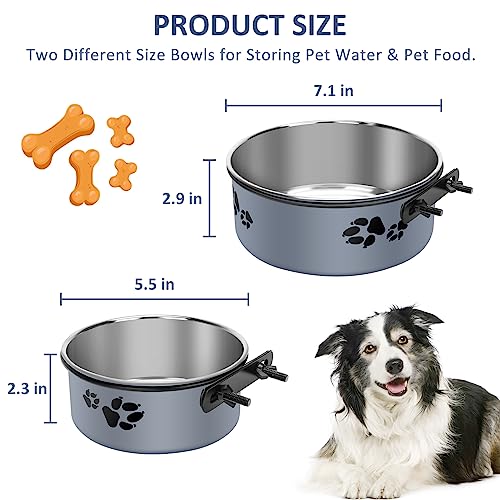  Hanging Pet Bowls,2PCS Pet Grate Bowl With Clamp Holder,Stainless Steel Dog Water Bowl Food Feeder,Removable Pet Dish Bowl For Cat,Dog Small/Medium/Large Animal (7.1"x2.8"+5.5"x2.2", Gray)