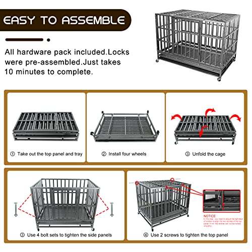  Confote 47 Inch Heavy Duty Dog Crate Metal Cage Kennel, High Anxiety Pet Cage With Lockable Wheels & Double Doors For Medium Large Dogs